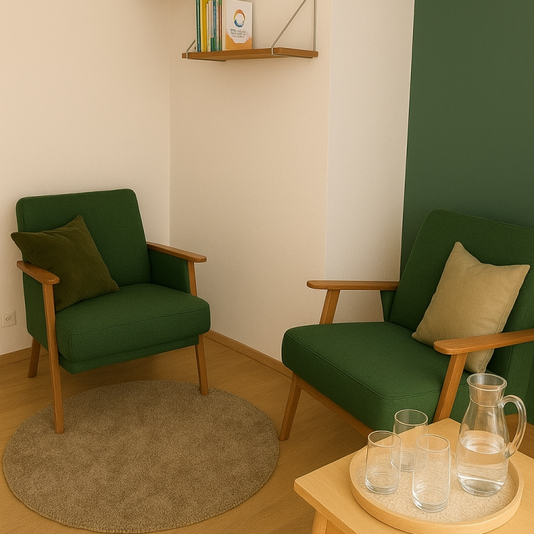 Zwei grüne Sessel in einer gemütlichen Ecke mit einem kleinen Tisch und Gläsern. Zwei grüne Sessel in einer gemütlichen Ecke mit einem kleinen Tisch und Gläsern.