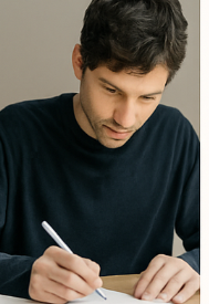 Mann in schwarzem Pullover schreibt konzentriert mit einem Stift.